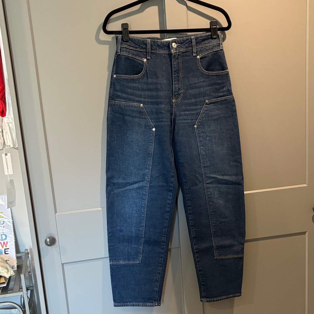 Paige High-Waist Utility Jeans in Dark Blue